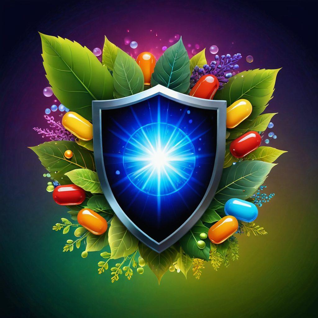 A vibrant illustration of a shield symbolizing immune health, surrounded by glowing bioactive supplements like Inmunocal capsules. The background features a blend of nature and science, with leaves and molecules intertwining, representing the balance of wellness. Soft light beams are radiating from the shield, showcasing the power of health. The image conveys a sense of vitality and protection. colorful vector art.