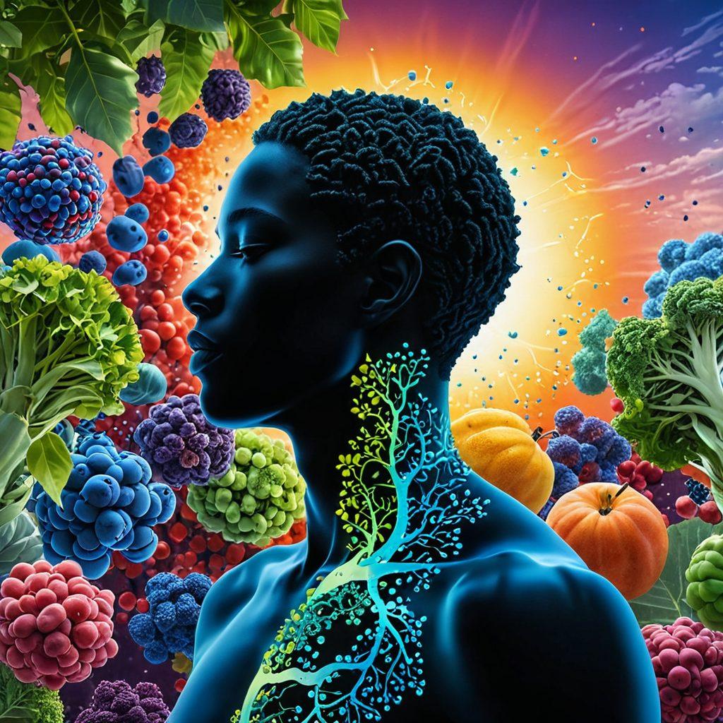 A vibrant illustration of a human silhouette filled with a glowing, swirling essence representing glutathione, surrounded by colorful immune cells and virus particles. The background features a serene natural landscape to symbolize wellness, with elements like fruits and vegetables to emphasize health. Include a health-focused color palette of greens and blues. super-realistic. vibrant colors.