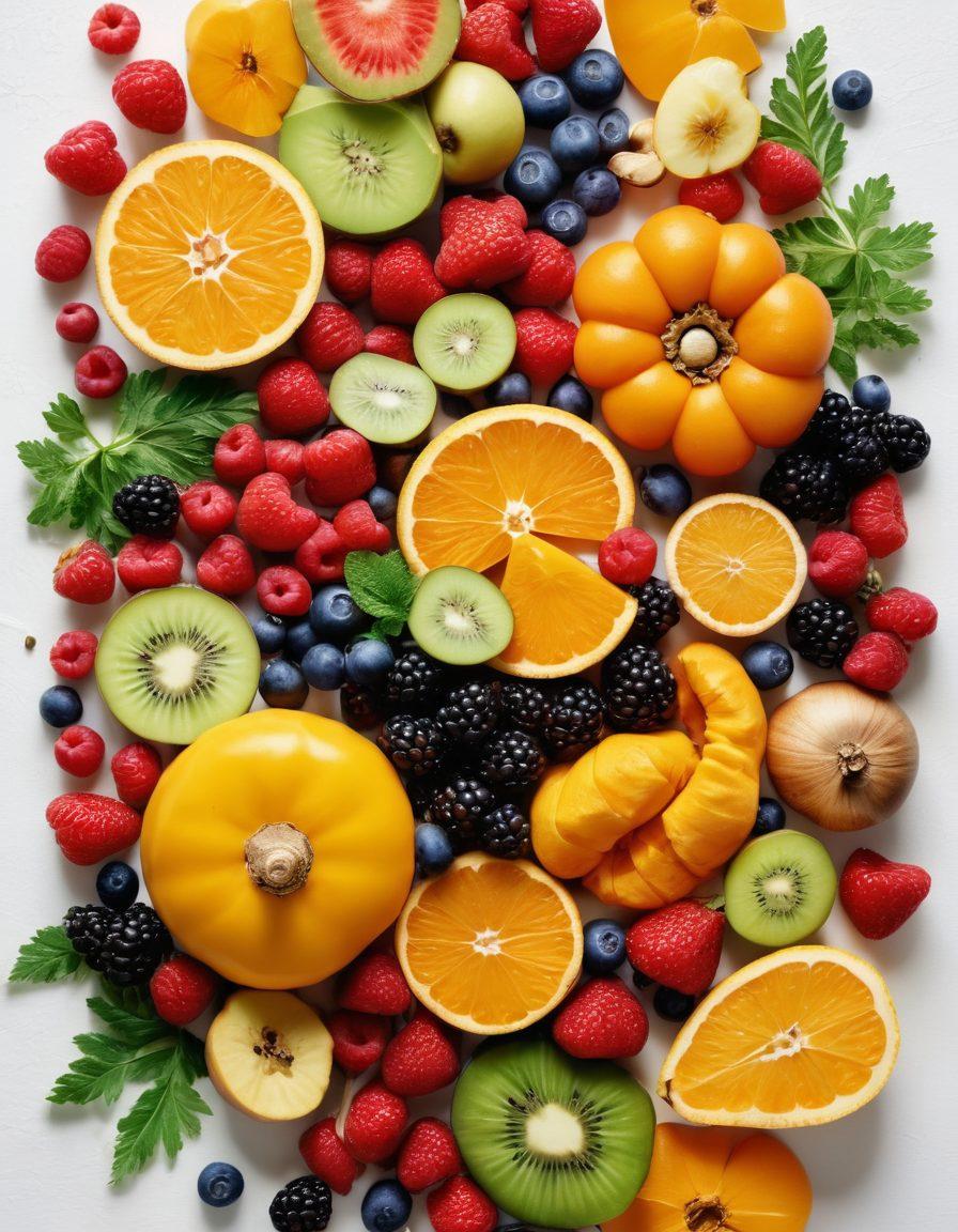 A visually striking arrangement of various bioactive compounds and colorful fruits and vegetables, showcasing elements like turmeric, mushrooms, and berries, symbolizing immune support. Integrate scientific imagery such as DNA strands and molecular structures subtly in the background. The overall atmosphere should evoke health and vitality, with a bright and inviting color palette. super-realistic. vibrant colors. white background.